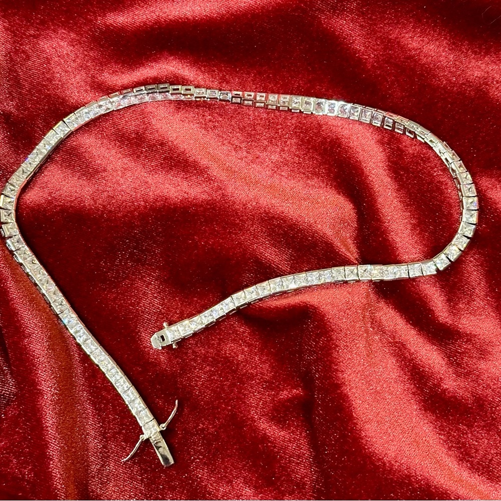 Stunning Landau 4 MM Square CZ .925 Tennis Necklace 14” Channel Set in S…